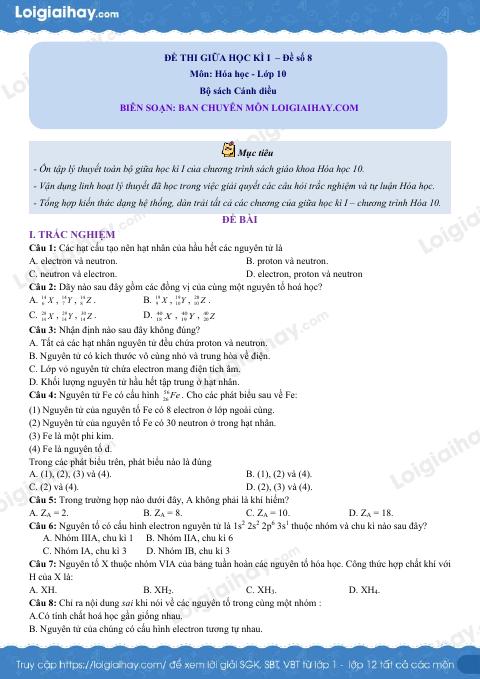 Đề thi giữa kì 1 Hóa 10 Cánh diều - Đề số 8
